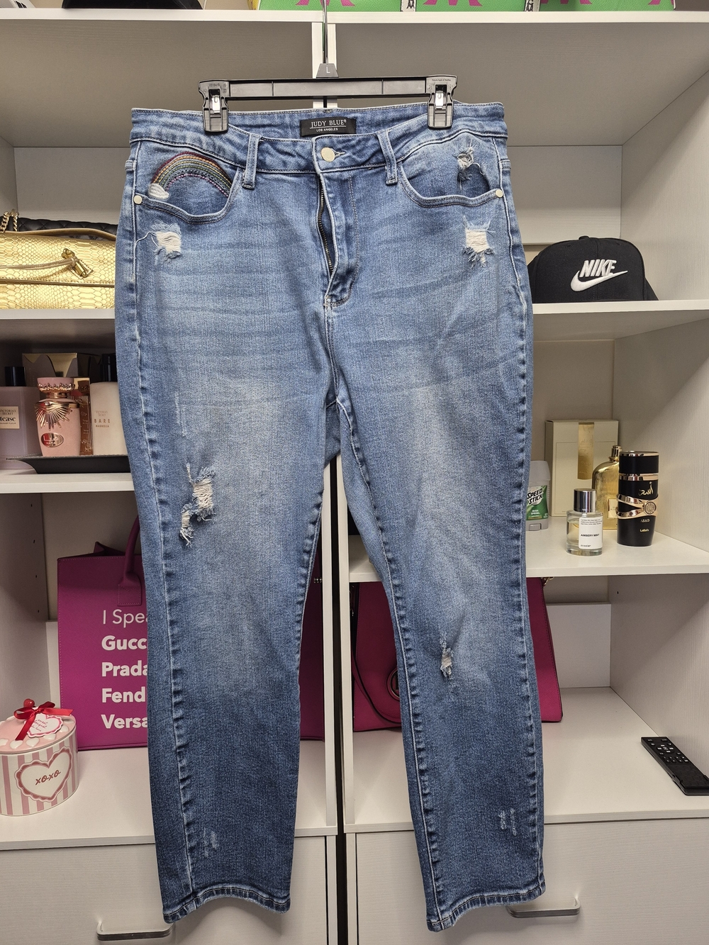Judy Blue Distressed Embroidered Rainbow Patch Women’s Jeans